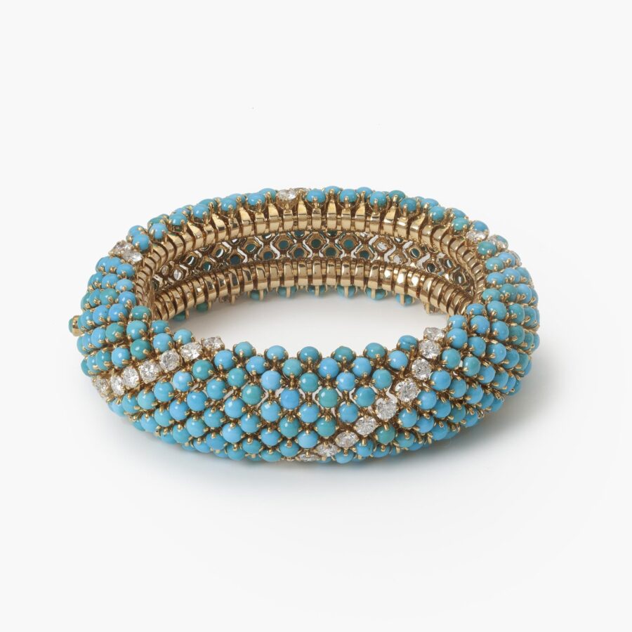 Bracelet with matching clip earrings and ring, all set with cabochon cut turquoise and diamond, with maker's mark of Georland, Paris, made ca 1960.