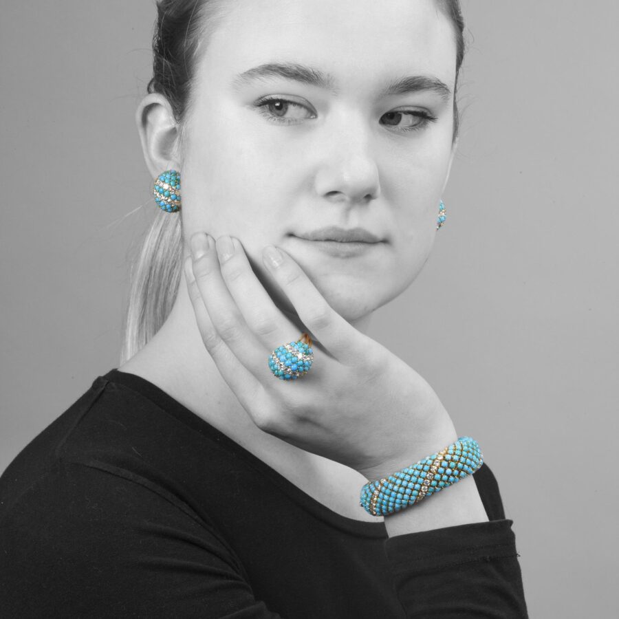 Bracelet with matching clip earrings and ring, all set with cabochon cut turquoise and diamond, with maker's mark of Georland, Paris, made ca 1960.