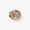 A pair of eighteen carat yellow gold clip earrings and matching ring, all set with coral, diamonds and green agate, signed Van Cleef & Arpels, Paris.