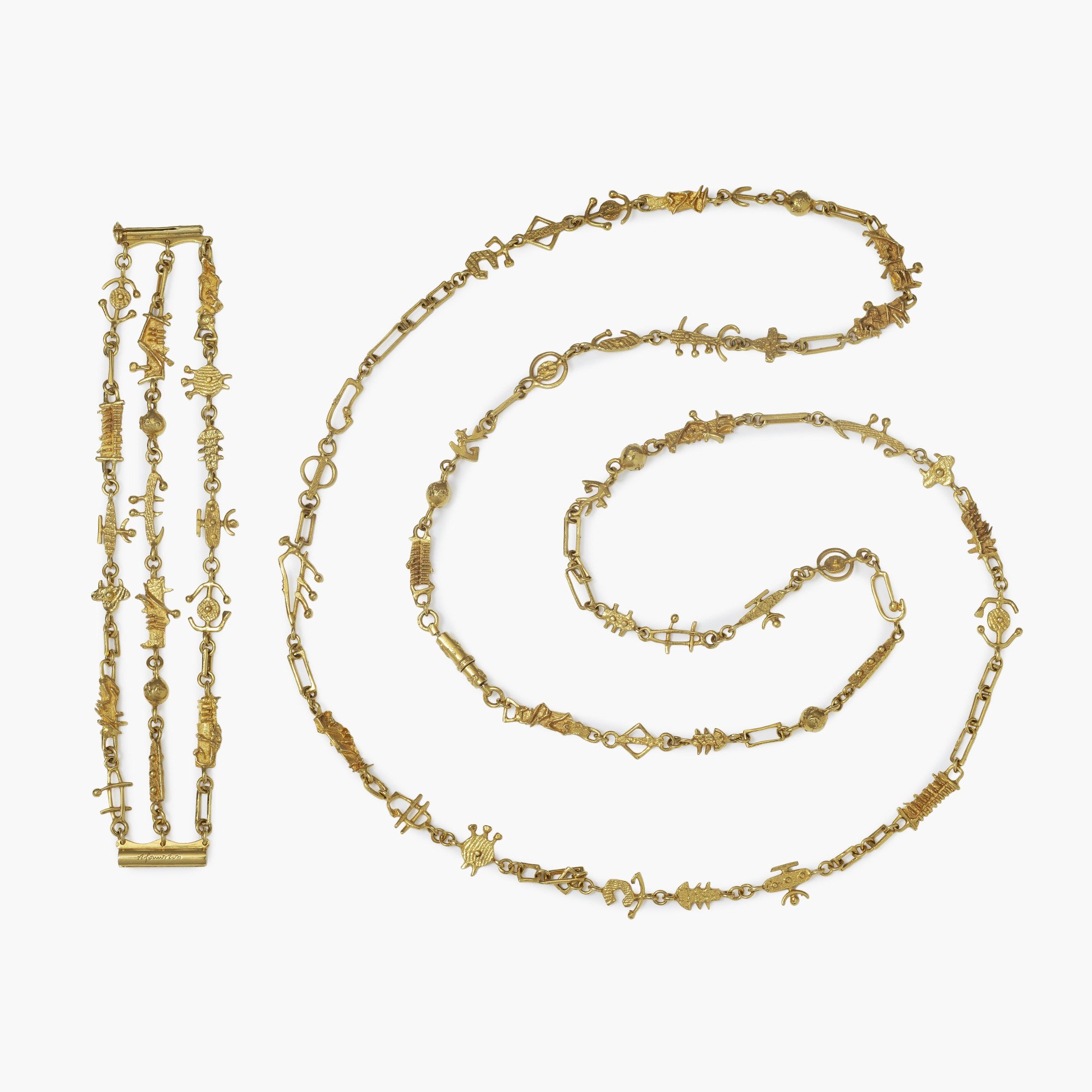 An eighteen carat yellow gold bracelet and necklace signed A. Pomodoro, Artcurial edition, made in France. Designed circa 1981.