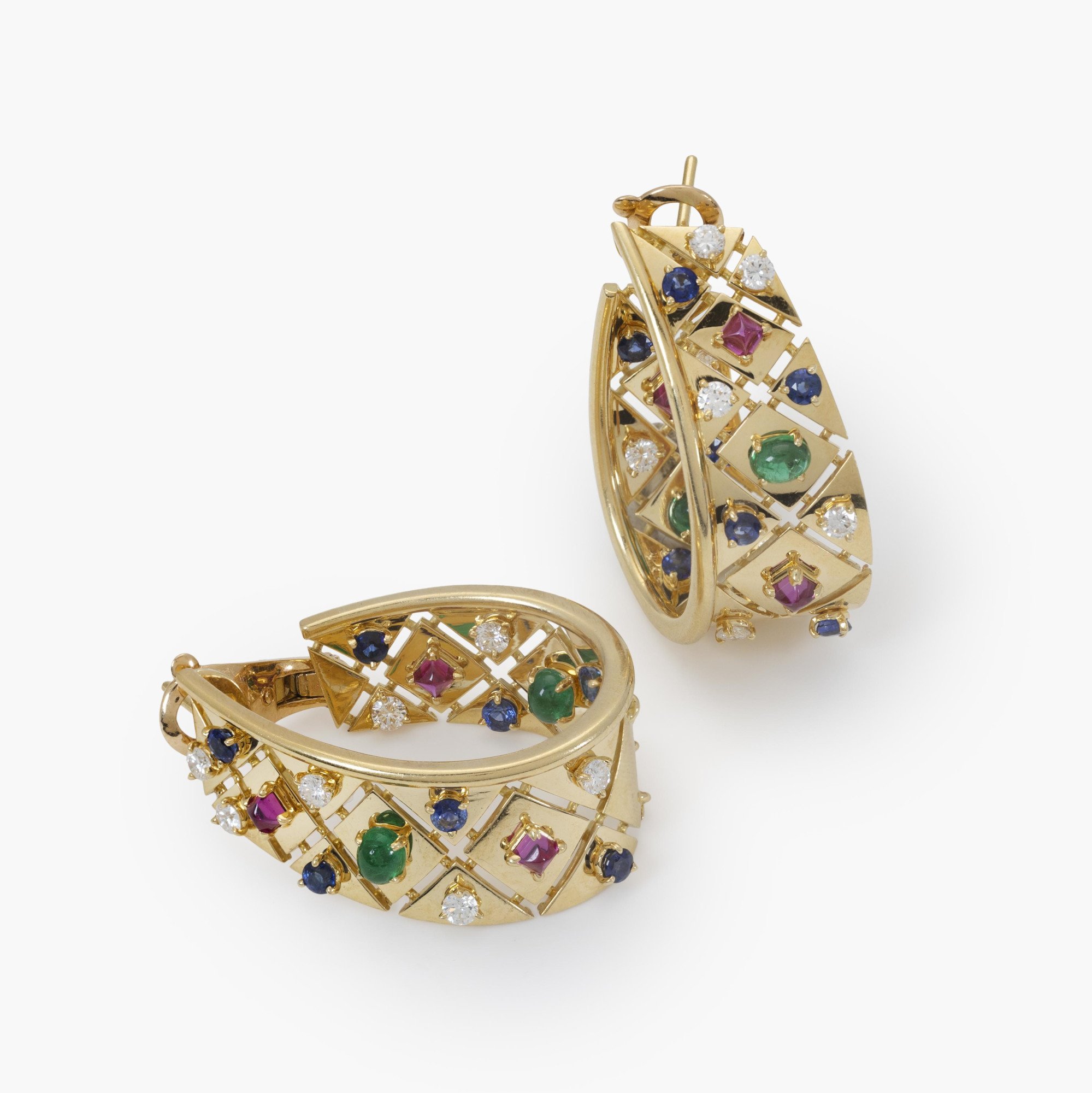 A pair of eighteen-carat yellow gold ´Liberty´ earrings, set with diamond, sapphire, ruby and emerald. Signed Cartier, made in Paris, circa 1980.