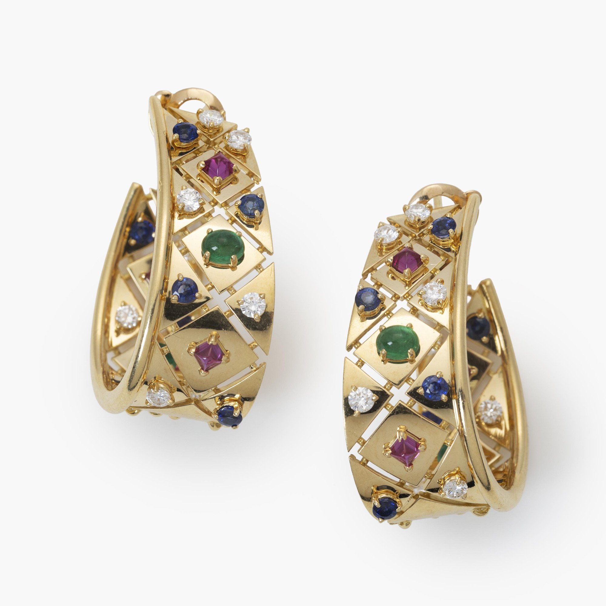 A pair of eighteen-carat yellow gold ´Liberty´ earrings, set with diamond, sapphire, ruby and emerald. Signed Cartier, made in Paris, circa 1980.