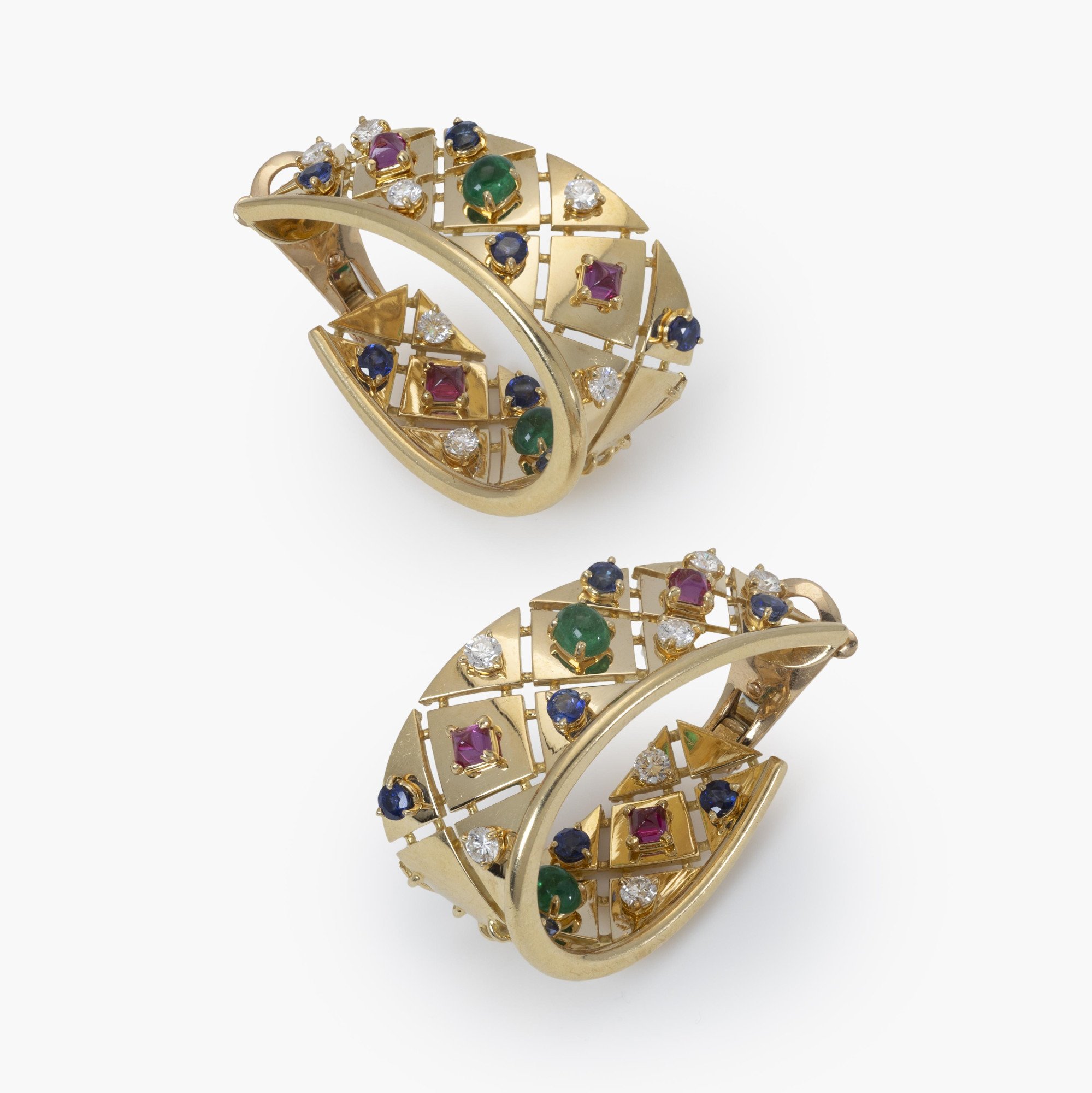 A pair of eighteen-carat yellow gold ´Liberty´ earrings, set with diamond, sapphire, ruby and emerald. Signed Cartier, made in Paris, circa 1980.