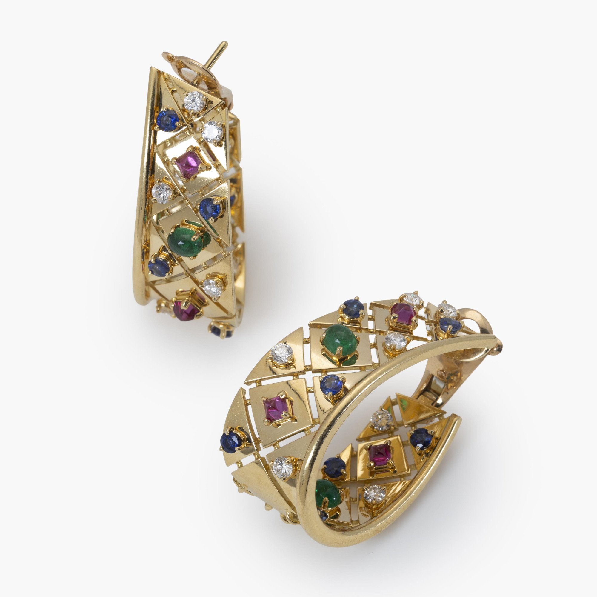 A pair of eighteen-carat yellow gold ´Liberty´ earrings, set with diamond, sapphire, ruby and emerald. Signed Cartier, made in Paris, circa 1980.