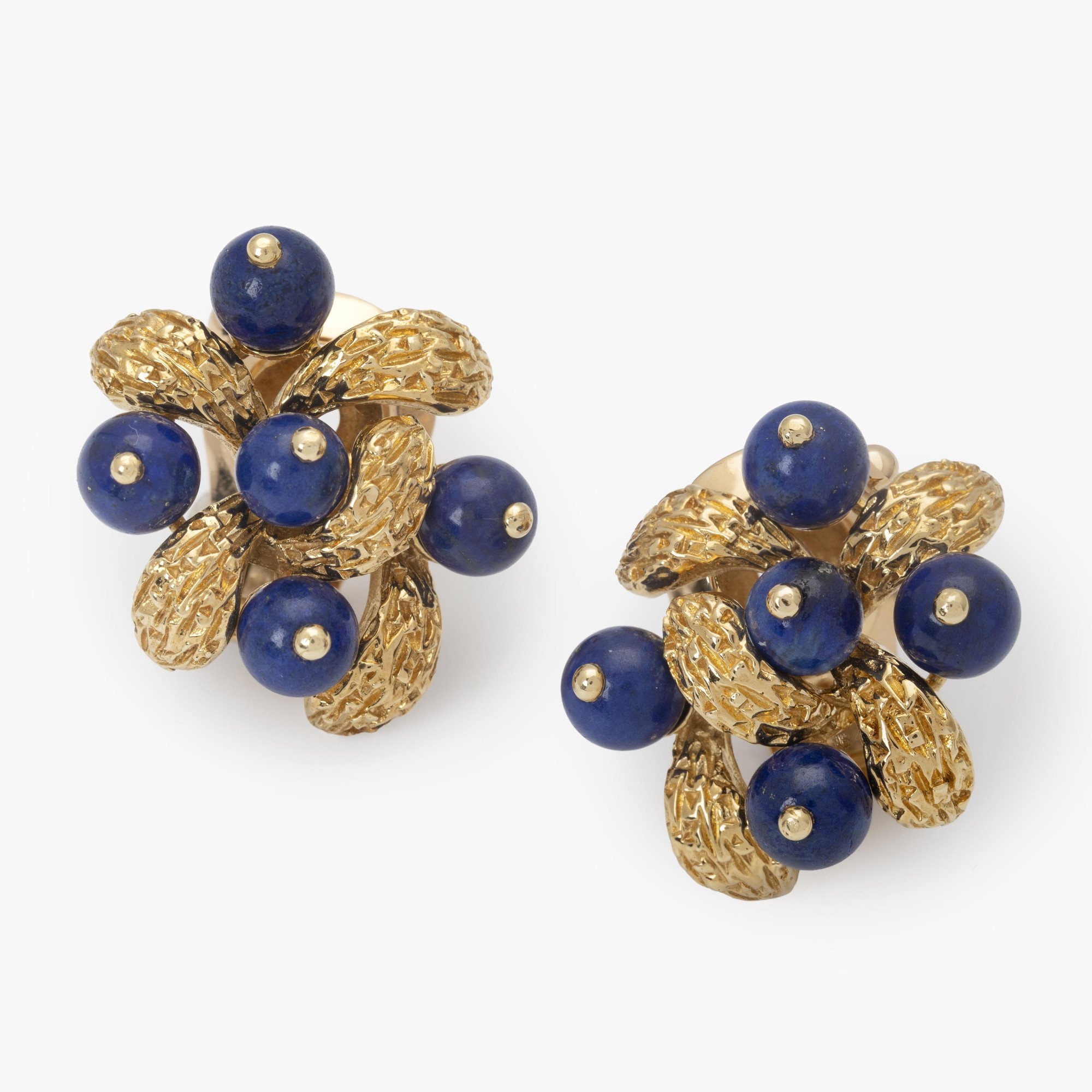 A pair of eighteen-carat yellow gold clip earrings, set with lapis lazuli beads, signed Van Cleef & Arpels, Paris, numbered and dated 1967.