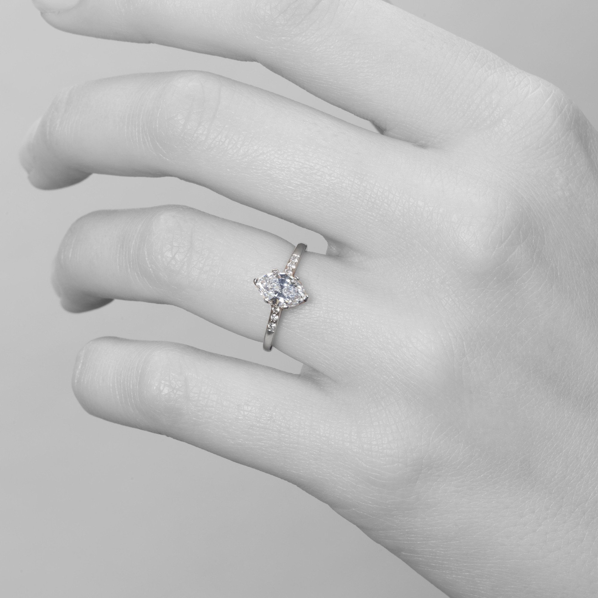 A platinum solitaire ring set with a marquise cut diamond (estimated weight 0.85 ct.). Made ca 1950.