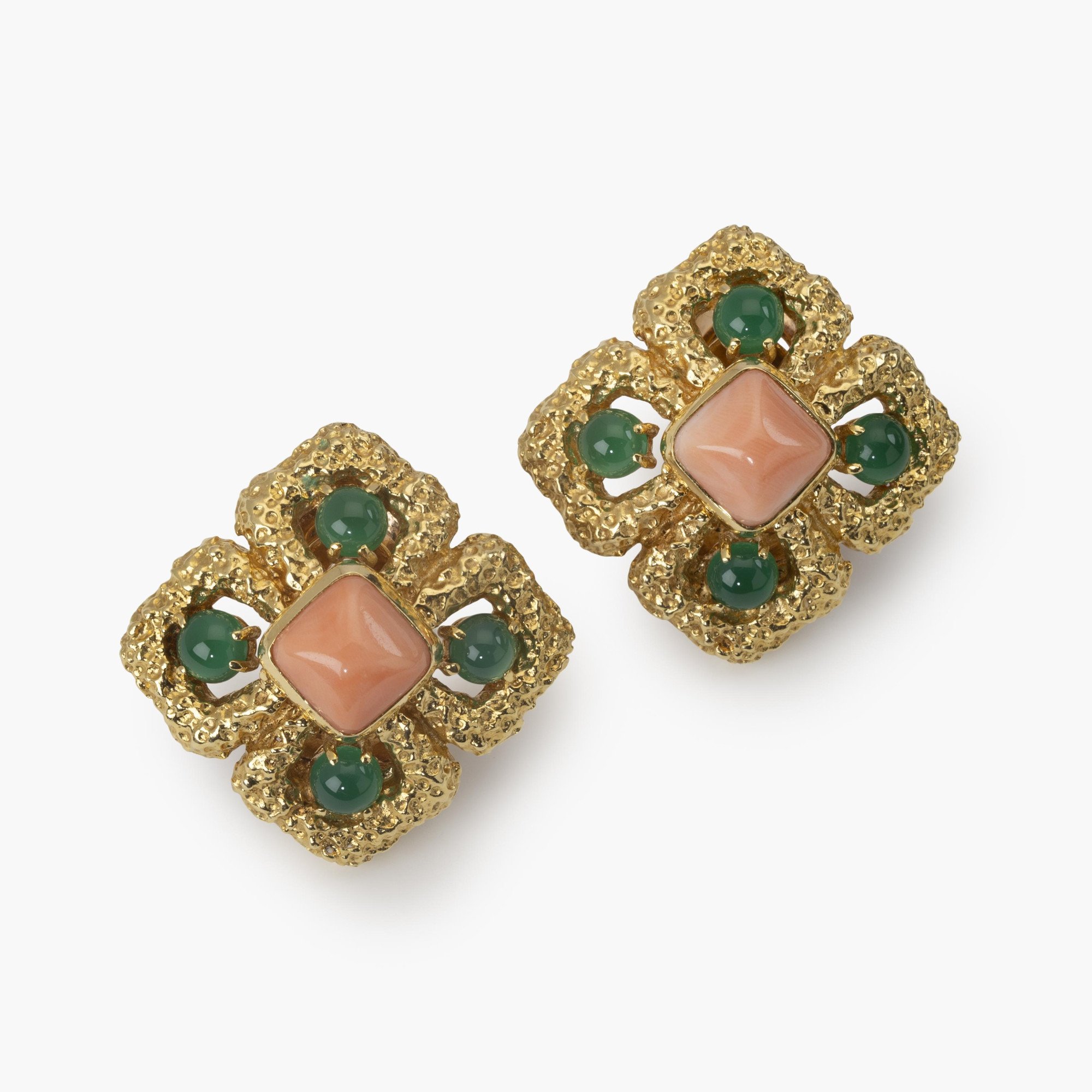 A pair of eighteen carat yellow gold clip earrings, model ‘Delphes’, set with coral and green agate. Signed Van Cleef & Arpels, made in Paris, ca 1970.